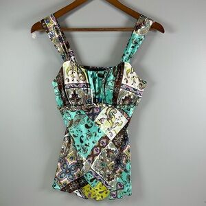 Vtg IZ Byer California Y2K Womens M Tank Camisole Paisley Top Brown Blue Yellow